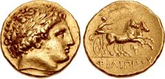 Greek KINGS of MACEDON. temp. Philip II – Alexander III. Circa 340/36-328 BC. AV Stater (18.5mm, 8.60 g, 10h). In the name and types of Philip II. Pella mint. Laureate head of Apollo right / Chariotee