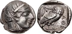 Greek ATTICA, Athens. Circa 454-404 BC. AR Tetradrachm (24mm, 16.98 g, 11h). Helmeted head of Athena right, with frontal eye / Owl standing right, head facing; olive sprig and crescent behind; all wit
