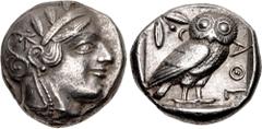 Greek ATTICA, Athens. Circa 454-404 BC. AR Tetradrachm (22.5mm, 17.05 g, 8h). Helmeted head of Athena right, with frontal eye / Owl standing right, head facing; olive sprig and crescent behind; all wi