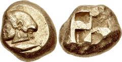 Greek MYSIA, Kyzikos. Circa 550-450 BC. EL Stater (16.5mm, 16.01 g). Female head right, hair in sakkos; below, tunny left / Quadripartite incuse square. Cf. Von Fritze I 106 (unlisted denomination); o