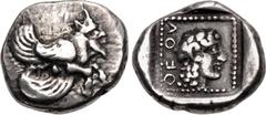 Greek CARIA, Uncertain ('Mint G'). Orou. Local dynast, circa 450-400 BC. AR Quarter Stater (14mm, 2.83 g, 1h). Forepart of winged man-headed bull right / Head of female right in dotted square border w