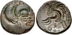 Celtic GAUL, Northwest. Coriosolites. Circa 100-50 BC. BI Stater (20mm, 6.40 g, 9h). Celtic head right, hair in large spiral curls, S-like ear / Celticized rider on horseback right; square ornament be