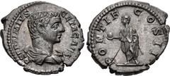 Roman Imperial Geta. As Caesar, AD 198-209. AR Denarius (20mm, 3.31 g, 12h). Rome mint. Struck AD 208. Bareheaded and draped bust right / Geta standing left, holding globe and parazonium. RIC IV 61a; 