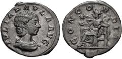 Roman Imperial Julia Paula. Augusta, AD 219-220. AR Denarius (18.5mm, 3.05 g, 6h). Rome mint. Struck under Elagabalus, AD 220. Draped bust right / Concordia seated left, holding patera; star to left. 