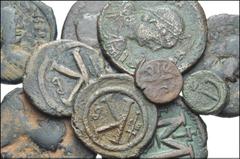 BYZANTINE. Æ of Justin I. Includes: Æ Follis. SB 78 // SB 84 // cf. SB 86 (3) // SB 88 // Æ Half Follis. SB 90 (2) // Æ Pentanummium. SB 93 // SB 93A. Fine to Good Fine condition, some roughness and d