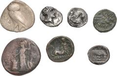 Large Lots GREEK. Magna Graecia & Sicily. Lot of seven (7) silver and bronze issues. Includes: LUCANIA, Heraklea. AR Diobol (1) // Æ (3) // LUCANIA, Thourioi. AR Sixth Stater // LUCANIA, Velia. AR Dra