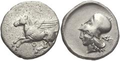 CORINTHIA, Corinth. Circa 400-375 BC. AR Stater (22mm, 8.15 g, 6h). Pegasos flying left / Helmeted head of Athena left; open hand behind. Pegasi 212; BCD Korinth -. VF, porous surfaces on obverse.