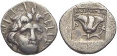 ISLANDS off CARIA, Rhodos. Rhodes . Circa 170-150 BC. AR Hemidrachm (13mm, 1.34 g, 11h). ‘Plinthophoric’ coinage. Mnemon, magistrate. Radiate head of Helios facing slightly right / Rose with bud to ri