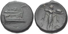 LYCIA, Phaselis. Circa 221/0-190 BC. Æ 17mm (5.12 g, 12h). Prow of galley right / Athena standing right, wielding thunderbolt and aegis; monogram to lower right. Heipp-Tamer -, but cf. B47-8; SNG Cope