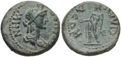 LYDIA, Silandus. Pseudo-autonomous issue. 1st-2nd centuries AD. Æ 18mm (4.84 g, 6h). Draped bust of Roma right, wearing polos / Apollo standing facing, head left, holding patera and laurel branch. SNG