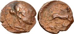 Greek CENTRAL ITALY, Uncertain. Early 1st century BC. Æ (18mm, 3.92 g, 3h). Wreathed head of young Dionysus right / Panther standing right, head facing, holding thrysus in jaws; grain ear below. Stann
