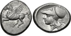 Greek CORINTHIA, Uncertain colony. Circa 375-300 BC. AR Stater (21mm, 8.55 g, 2h). Pegasos flying left / Helmeted head of Athena left; ax behind neck. Ravel 1119 ('barbares'); Pegasi I 494 ('emissioni