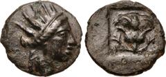 Greek ISLANDS off CARIA, Rhodos. Rhodes. Circa 188-150 BC. Æ Chalkous (13mm, 1.36 g, 12h). 'Plinthophoric' coinage. Radiate head of Rhodos right / Rose with bud to right; rose to left; all within incu