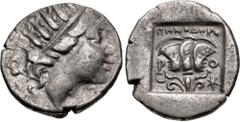 Greek ISLANDS off CARIA, Rhodos. Rhodes. Circa 88-84 BC. AR Drachm (14.5mm, 2.41 g, 11h). 'Plinthophoric' coinage. Menodoros, magistrate. Radiate head of Helios right / Rose with bud to right; ΠHNOΔ||