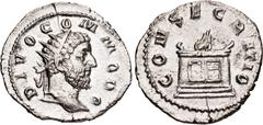Roman Imperial Divus Commodus. Died AD 192. AR Antoninianus (23mm, 3.00 g, 6h). Consecration issue. Rome mint, 5th officina. 8th emission of Trajan Decius, mid AD 251. DIVO COMMODO, radiate head right