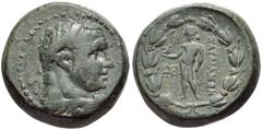 LYDIA, Sardes. Circa 133 BC-AD 14. Æ 17mm (8.01 g, 11h). Laureate head of youthful Herakles right, lion skin tied around neck / Apollo standing left, holding crow and laurel branch; monogram to left; 
