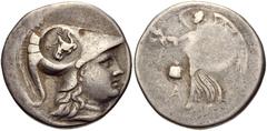 PAMPHYLIA, Side. Circa 205-100 BC. AR Tetradrachm (29mm, 16.58 g, 11h). Head of Athena right, wearing crested Corinthian helmet; c/m: AΠA (=Apameia) and bow in bow case / Nike advancing left, holding 