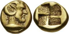 The Windmill Collection MYSIA, Kyzikos. Circa 450-330 BC. EL Myshemihekte – Twenty-fourth Stater (6.5mm, 0.65 g). Head of Zeus-Ammon right; on neck truncation, tunny right / Quadripartite incuse squar