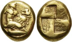 The Windmill Collection MYSIA, Kyzikos. Circa 450-330 BC. EL Hekte – Sixth Stater (9mm, 2.56 g). Zeus kneeling right, chiton draped from waist, holding scepter in right arm, left arm extended, above w
