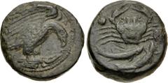 Greek SICILY, Akragas. Circa 415-406 BC. Æ Hexas (19mm, 7.97 g, 2h). Eagle, wings spread, standing right on dead bird / Crab; two pellets (mark of value) flanking; below, two fish right. Westermark, C