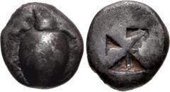 Greek ISLANDS off ATTICA, Aegina. Circa 525-480 BC. AR Hemidrachm – Quarter Stater (11.5mm, 2.73 g). Sea turtle, head in profile / Incuse square of "Union Jack" pattern. Meadows, Aegina, Group IIa; Mi
