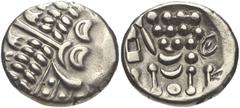 CELTIC, Britain. Durotriges. Uninscribed. Circa 65 BC-AD 45. AR Stater (18mm, 5.35 g, 6h). Durotrigan E, Abstract (Cranborne Chase) type. Devolved head of Apollo right / Disjointed horse left; pellets