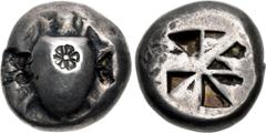 Greek ISLANDS off ATTICA, Aegina. Circa 525-480 BC. AR Stater (18mm, 12.08 g). Sea turtle, head in profile, with thin collar and row of dots down its back / Incuse square with mill-sail pattern. Meado