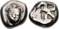 Greek ISLANDS off ATTICA, Aegina. Circa 525-480 BC. AR Stater (17.5mm, 12.35 g, 9h). Sea turtle, head in profile, [with trefoil collar] / Small incuse square with skew pattern. Meadows, Aegina, Group 