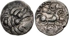 Celtic GAUL, Northwest. Redones. Circa 100-50 BC. BI Stater (20mm, 6.86 g, 6h). Class 7. Celtic head right / Celticized biga right; above, human-like head right; below, wheel set on spiral ornament. D