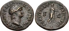 Roman Imperial Nero. AD 54-68. Æ Orichalcum As (23mm, 5.31 g, 7h). Rome mint. Struck AD 64. Radiate head right / Nero, as Apollo Citharoedus, advancing right, singing and playing lyre; I in exergue. R