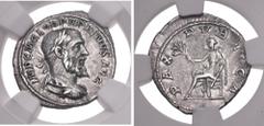 Roman Imperial Pupienus. AD 238. AR Denarius (18mm, 3.47 g). Rome mint, 1st emission. Laureate, draped, and cuirassed bust right / Pax seated left, holding olive branch and scepter. RIC IV 4; BMCRE 46