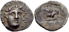ISLANDS off CARIA, Rhodos. Rhodes . Circa 125-88 BC. AR Hemidrachm (13mm, 1.22 g, 12h). ‘Plinthophoric’ coinage. Antaios, magistrate. Radiate head of Helios facing slightly right / Rose with bud to ri