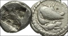 GREEK. Northern Greece. AR of Macedon, Eion. Includes: AR Diobol. Goose standing right, head left / Rough incuse square. Cf. SNG Copenhagen 173 // AR Diobol. Goose standing right, head left; lizard ab