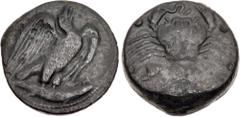 Greek SICILY, Akragas. Circa 415-406 BC. Æ Hemilitron (27mm, 21.08 g, 8h). Eagle standing right on fish, head raised and wings spread / Crab holding serpent in claw; six pellets (mark of value) around