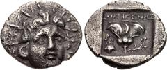 Greek ISLANDS off CARIA, Rhodos. Rhodes. Circa 125-88 BC. AR Hemidrachm (13mm, 1.14 g, 12h). 'Plinthophoric' coinage. Antigenes, magistrate. Radiate head of Helios facing slightly right / Rose with bu
