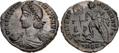 Roman Imperial Constantius II. AD 337-361. Æ Centenionalis (21mm, 3.27 g, 12h). Constantinople mint, 7th officina. Struck 355-361 AD. Pearl-diademed, draped and cuirassed bust left, holding globe / Em