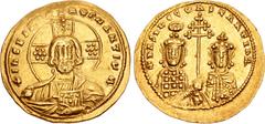 Byzantine Basil II Bulgaroktonos, with Constantine VIII. 976-1025. AV Histamenon Nomisma (24mm, 4.38 g, 6h). Constantinople mint. Struck circa 1005. Facing bust of Christ Pantokrator; rosette of seven