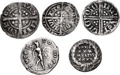 Large Lots MIXED. Roman Imperial–World. Lot of five (5) Roman and medieval silver coins. Includes: Trajan denarius // Constantius II siliqua // Edward I penny, Lincoln mint // Henry III long cross pen