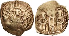 Byzantine John V Palaeologus, with John VI. 1341-1391. AV Hyperpyron (20mm, 3.46 g, 6h). Constantinople mint. Struck 1347-1353. Half-length figure of the Theotokos, orans, within city walls with three