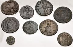 Large Lots ROMAN. Imperial. Lot of nine (9) mostly late Roman bronze issues. Includes: Severina. Antoninianus // Maximinus II. Æ Follis // Helena. Æ Follis // Constantine I. Æ Follis // Crispus. Æ Fol