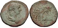 Trajan. AD 98-117. Æ Sestertius (35mm, 23.15 g, 6h). Rome mint. Struck circa AD 116-117. Laureate and draped bust right / Trajan, in military outfit, seated left on camp bench set on daïs, extending h