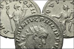 ROMAN. Imperial. AR of Philip I. Includes: all antoniniani of the Antioch mint. Philip I. Felictas // Philip II. Aequitas // Philip II. Philip II sacrificing. Average VF condition. LOT SOLD AS IS, NO 