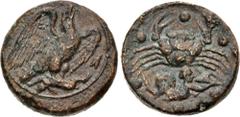 Greek SICILY, Akragas. Circa 415-406 BC. Æ Hemilitron (27mm, 20.61 g, 7h). Eagle standing right, head raised, wings spread, on hare; cicada to right / Crab; below, triton right, blowing conch; six pel