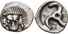 Greek DYNASTS of LYCIA. Perikles. Circa 380-360 BC. AR Third Stater (17mm, 2.85 g). Limyra mint(?). Lion scalp facing / Triskeles within incuse circle. Müseler VIII, 47–51; Falghera 217; SNG Copenhage