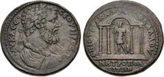 Roman Provincial IONIA, Metropolis. Septimius Severus. AD 193-211. Æ (35mm, 27.70 g, 6h). Kales- Thallos, strategos. Laureate, draped, and cuirassed bust right, seen from behind / Statue of Ares facin