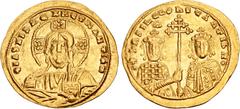 Byzantine Basil II Bulgaroktonos, with Constantine VIII. 976-1025. AV Histamenon Nomisma (24mm, 4.39 g, 6h). Constantinople mint. Struck circa 1005. Facing bust of Christ Pantokrator; rosette of seven