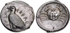 Greek SICILY, Akragas. Circa 465/0–445/0 BC. AR Tetradrachm (27mm, 17.33 g, 1h). Sea eagle standing left; AKRAC-AИTOΣ around / Crab, with carapace in the form of a human face, within incuse circle. We