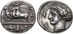 Greek SICILY, Syracuse. Dionysios I. 405-367 BC. AR Dekadrachm (35mm, 43.32 g, 12h). Obverse and reverse dies signed by Kimon. Struck circa 405-400 BC. Charioteer, holding kentron in extended right ha
