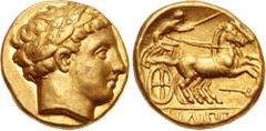 Greek KINGS of MACEDON. temp. Philip II – Alexander III. Circa 340/36-328 BC. AV Stater (16.5mm, 8.59 g, 3h). In the name and types of Philip II. Amphipolis mint. Head of Apollo right, wearing laurel 