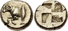 Greek MYSIA, Kyzikos. Circa 550-450 BC. EL Hekte (11mm, 2.65 g). Forepart of ram left; to right, tunny upward / Quadripartite incuse square of mill-sail pattern. Cf. Von Fritze I 46 (unlisted denomina